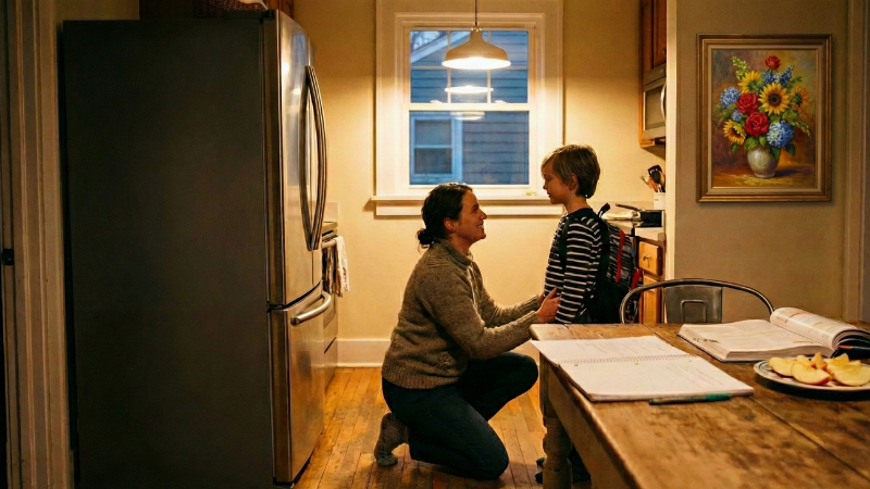 Parent speaking at eye level with a child to create a chore chart, modeling warmth plus clear expectations typical of authoritative parenting.