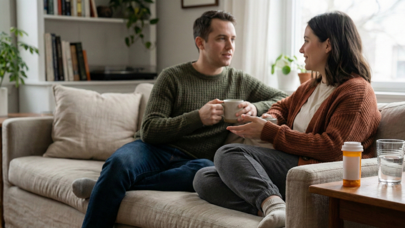 Couple having a calm, supportive conversation at home with a blank prescription bottle nearby, representing managing Celexa-related sexual side effects.