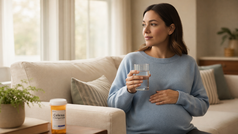 Pregnant person thoughtfully seated at home with a prescription bottle nearby, representing considerations about taking Celexa during pregnancy.