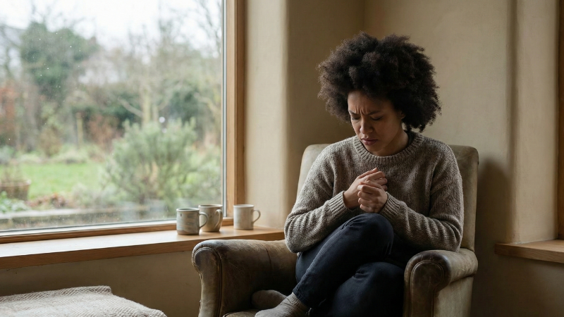 Person experiencing dysphoria and emotional discomfort while sitting by a window.