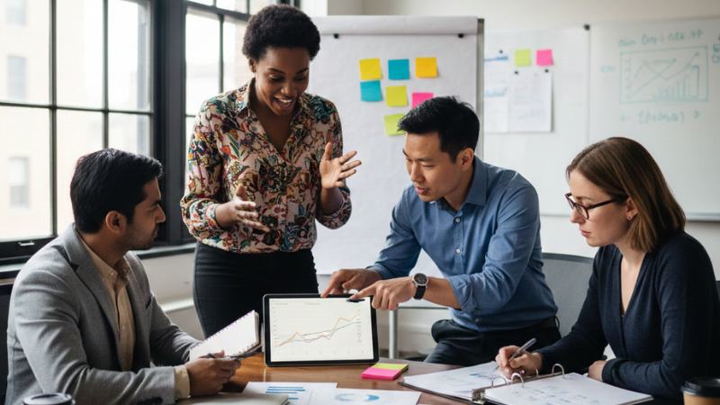 Four colleagues with distinct styles collaborate at a table: one lively and brainstorming, one decisive and directing next steps, one analyzing documents, and one calmly mediating, illustrating the fo
