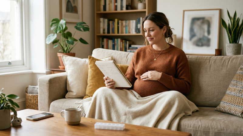 Pregnant person sitting at home with a notebook and medication nearby, representing considerations about taking Lexapro during pregnancy.