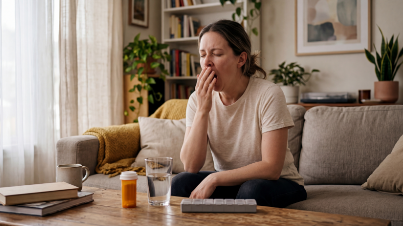 Person yawning indoors with medication nearby, representing a common side effect of Lexapro such as increased yawning or fatigue.