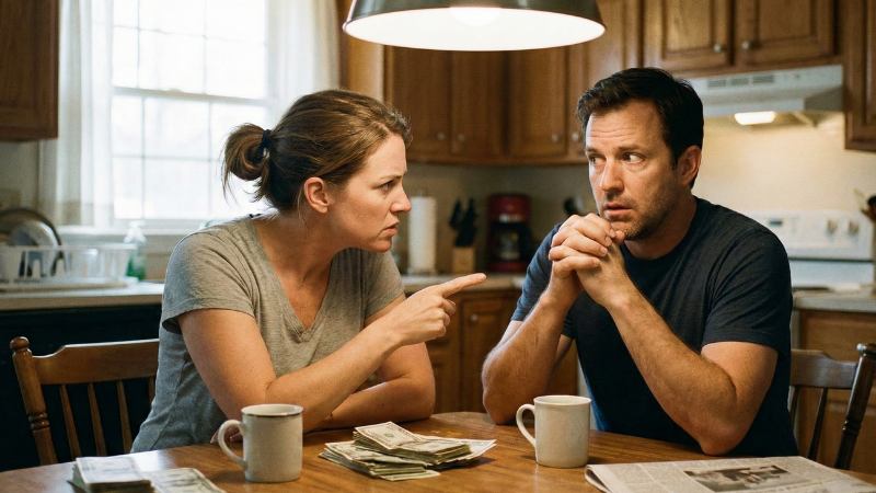 Two adults at a kitchen table in a tense conversation, with one person appearing accusatory and the other looking confused and guarded.