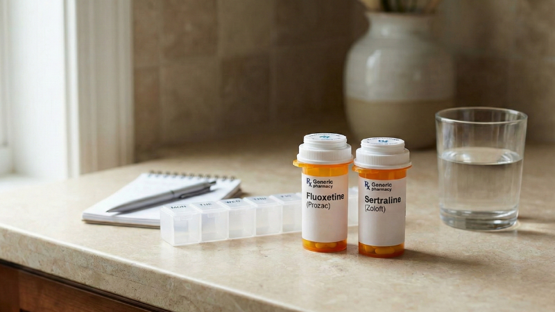 Labeled bottles of Fluoxetine (Prozac) and Sertraline (Zoloft) on a counter beside a pill organizer, pen, and water glass, suggesting a careful medication choice.