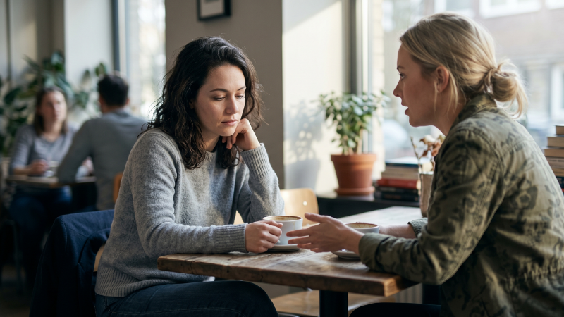 Two friends with visible emotional tension, representing the signs of a toxic friendship and the importance of setting boundaries to protect mental health.