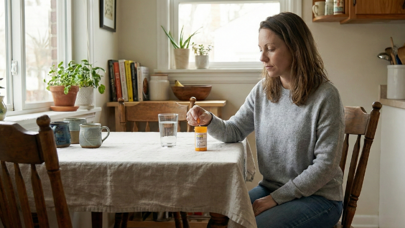 Woman at a kitchen table taking her Zoloft (sertraline) with water, pharmacy-labeled bottle on the table in natural morning light.